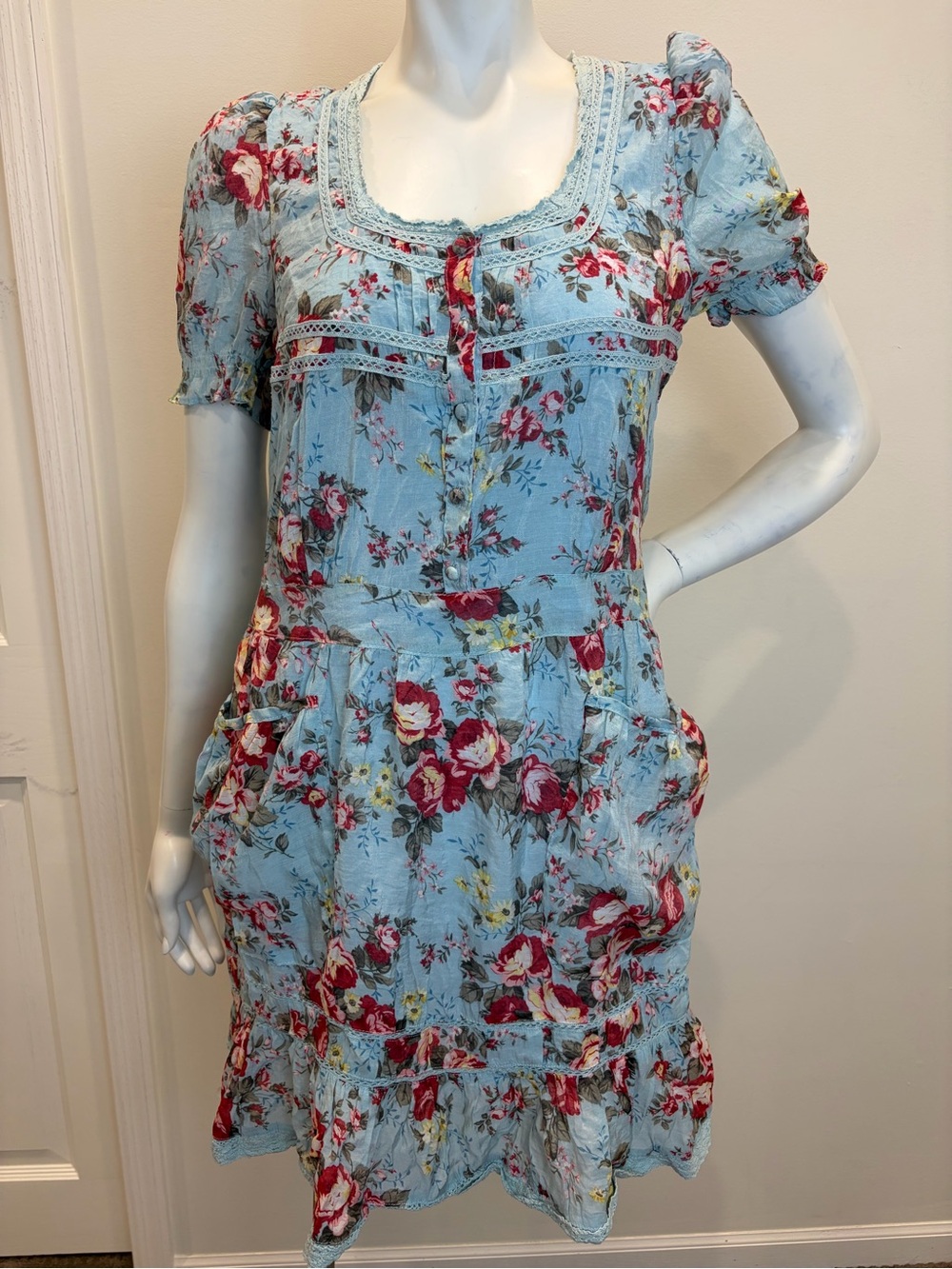 RIVERSIDE Vintage Blue Floral Print Puff Sleeve Lace Button Up Mini Dress